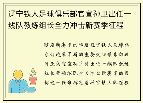 辽宁铁人足球俱乐部官宣孙卫出任一线队教练组长全力冲击新赛季征程